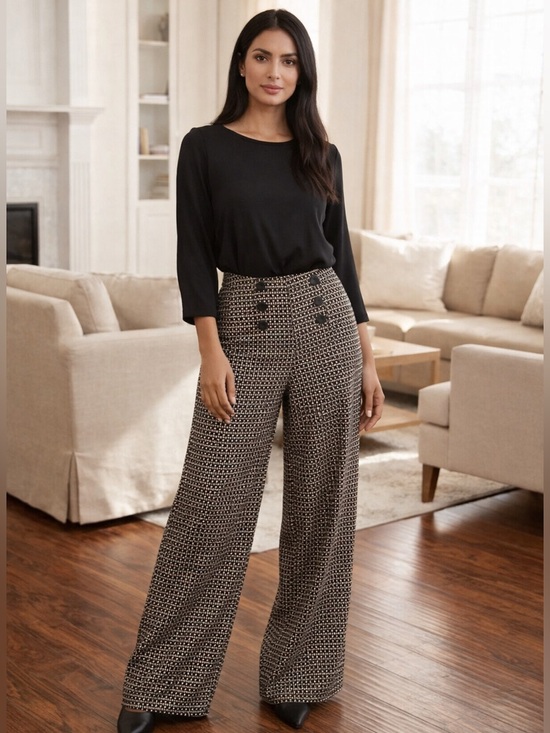 Max Studio Pants - Max Studio Wide Leg Pants Medium Boho Geometric Print High Waist Button Detail